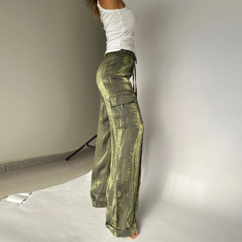 Koisoon 2024 Spring Bright Silk Wide Leg Pants for Women Elegant High Waist Zipper Trousers Autumn Solid Pocket Straight Pant Sweatpants