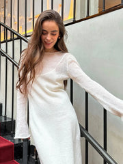 Koisoon O-Neck Elastic Knitted Long Dress ＆ Camisole Skirt Women Chic Soft Lady Hollowing Sweater Dresses 2 Pieces Sets