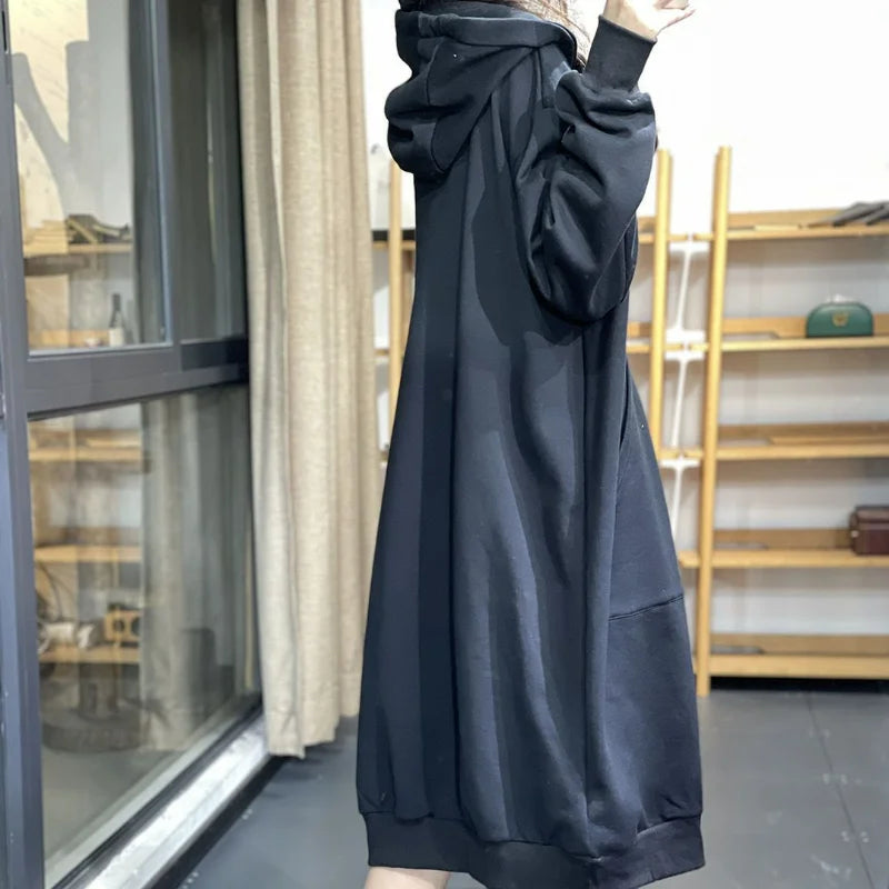 Koisoon Autumn Winter New Solid Mid Length Hooded Dress Women Patchwork Drawstring Pockets Loose Fashion Casual Warm Long Sleeve Dresses