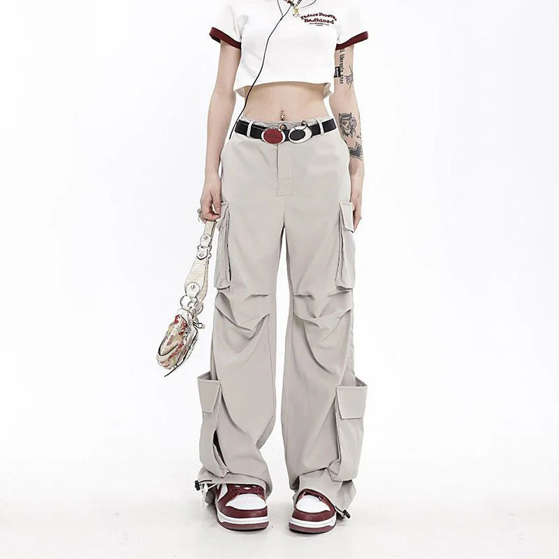 Koisoon Hip Hop Oversize Grey Cargo Pants Women Streetwear Fashion Loose Pockets Wide Leg Straight High Street Vintage Casual Trousers