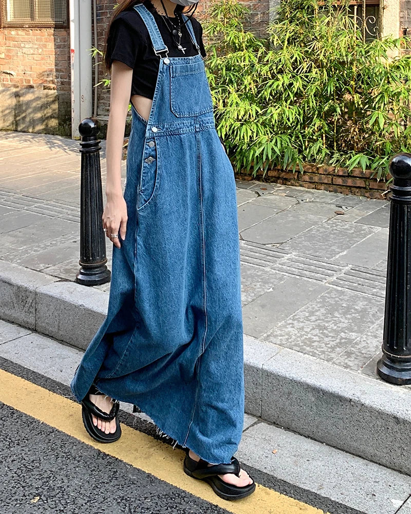 Koisoon Women Loose Ladies Vintage Long Denim Dress Female Tassel Spaghetti Strap Jeans Denim Dresses Female