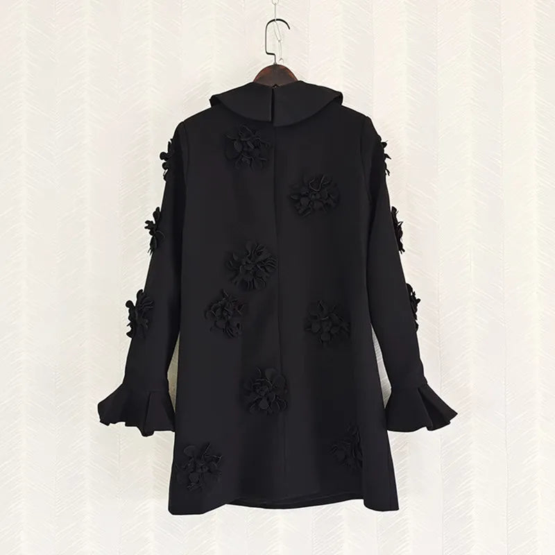 Koisoon New Designer 3D Flowers Appliques Dress Fashion Women's Flare Sleeve Ruffled Collar A-line Dress Black Party Mini Dresses