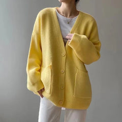 Koisoon 2024 Chic Yellow Sweater Cardigan Women Lazy Wind Single-Breasted Knitted Cardigan Women Solid V Neck Cardigans Female