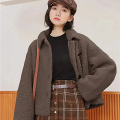 Koisoon Winter Women Lamb Jacket Fashion Japanese Streetwear Female Loose Coats Casual College All Match Buttons Cropped Outerwear