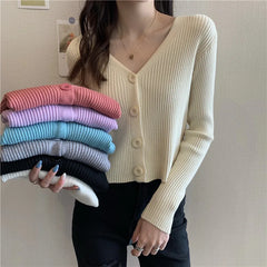 Koisoon Autumn Women Cardigan Sweater Korean Fashion All Match Slim Fit Long Sleeve Knitted Coats Casual Female Big Button Jacket