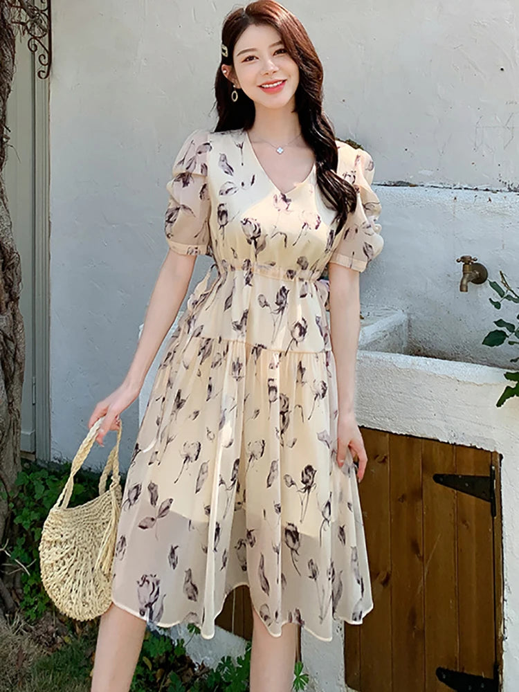 Koisoon 2024 New Green Floral Chiffon Puff Sleeve Midi Dress Summer Boho Elegant Bodycon Dress Women Korean Vintage Cheap Casual Dresses