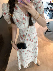 Koisoon Fashion Sweet Print V-neck Long Dress Women High Waist Vintage Dresses 2024 New Summer Korean Elegant Short Puff Sleeve Dress