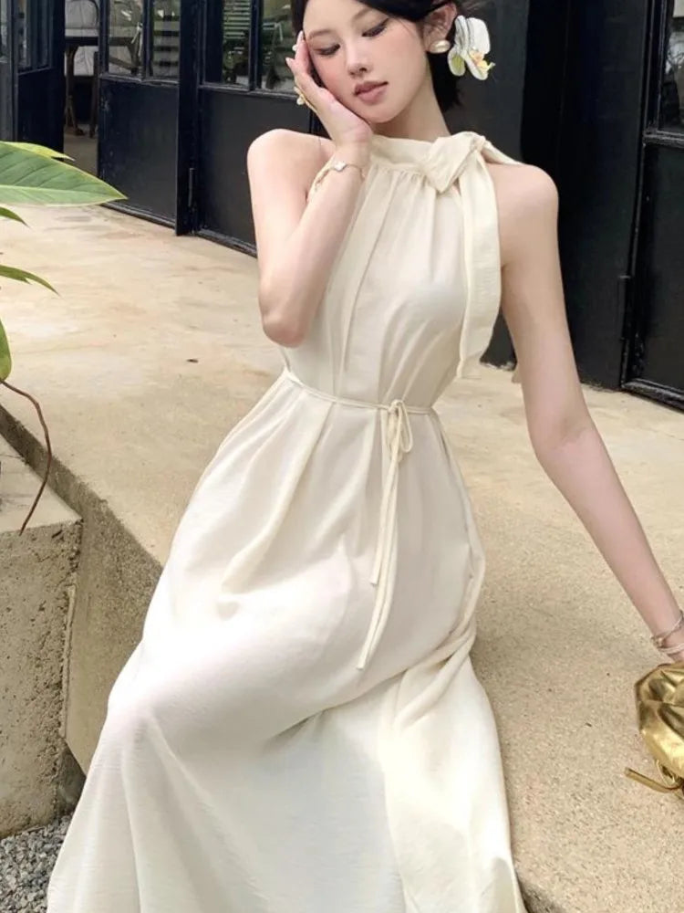 Koisoon Elegant Dresses for Women Solid New Summer Holiday Style Halter Sleeveless A-line French Evening Dress Party Prom Robe Vestido