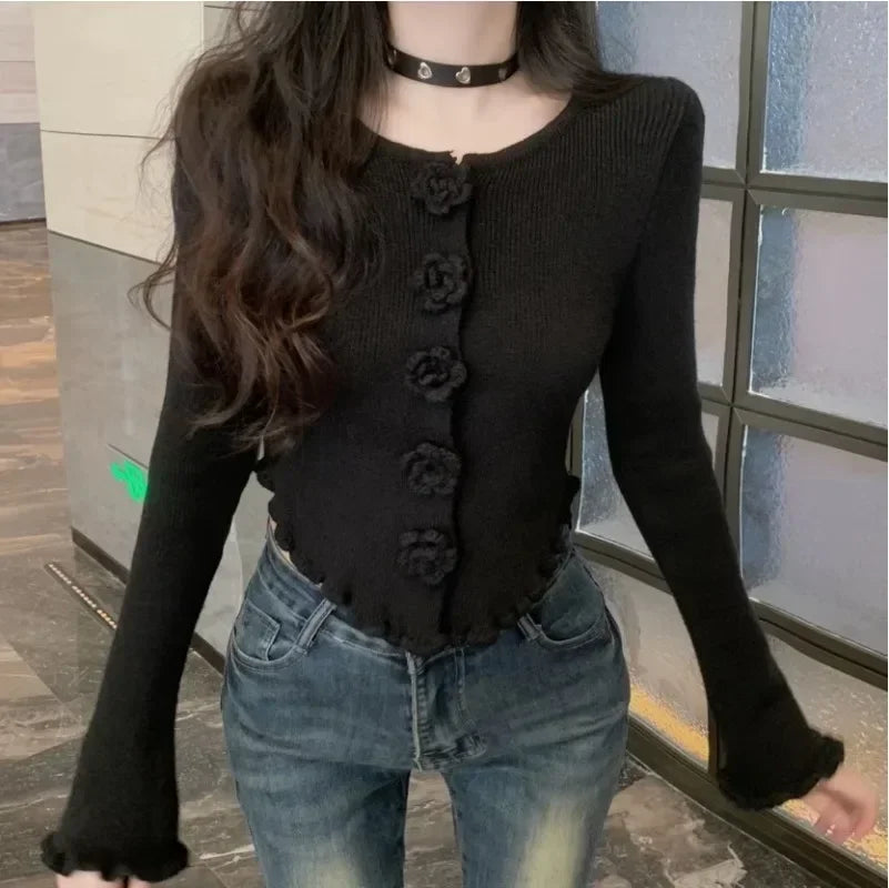 Koisoon Knitted Cardigan Women Vintage Flowers Single Breasted Slim Cropped Sweater Outwear Vintage Elegant Female Tops