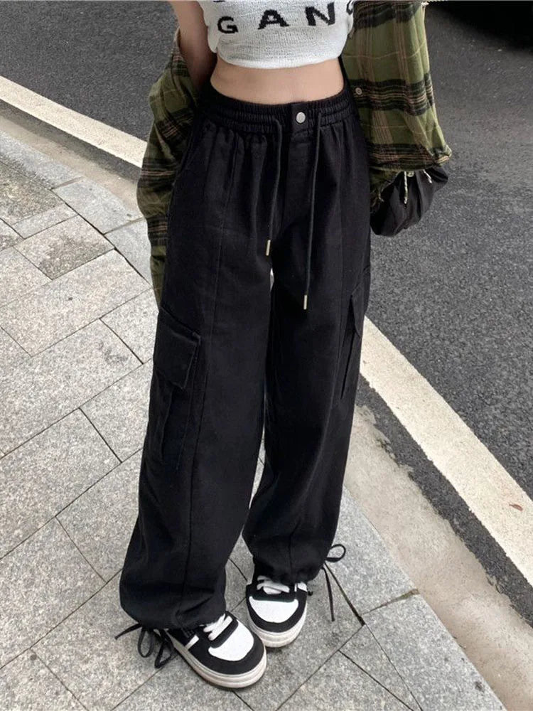 Koisoon Women Harajuku Cargo Pants Fashion Streetwear Pockets Loose Wide Leg Pants Female Elastic High Waist Casual Trousers New