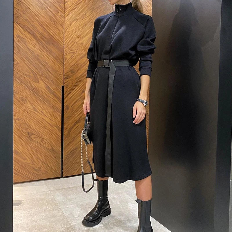 Koisoon Casual Solid Long Dress&Belt Harajuku Simple Stand Collar Zip Sweatshirt Dresses Autumn Side Split Long Sleeve Party Dress