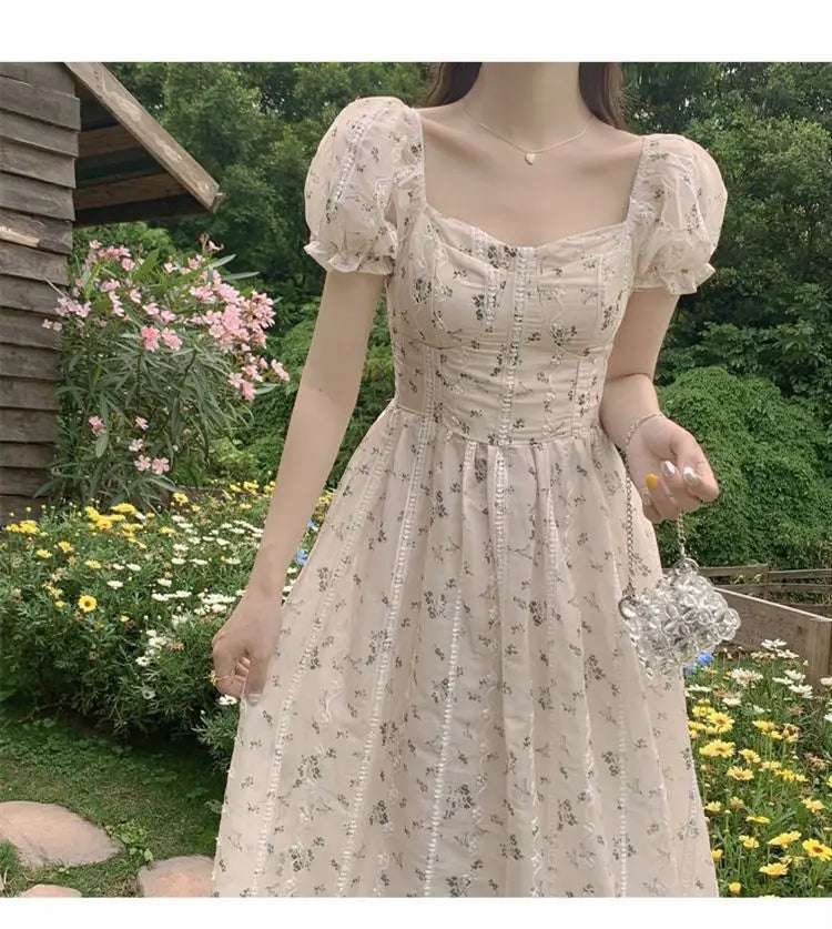 Koisoon Vintage Puff Sleeve Fairy Midi Dress Women Sweet Elegant Korean Style Floral Dress Female Summer Casual Party Dresses Chic