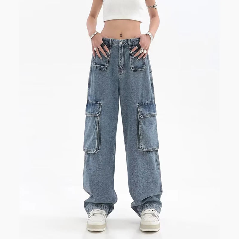 Koisoon Multi Pocket Denim Cargo Pants Women High Waist Streetwear Loose Wide Leg Jeans American Style Female Hip Hop Trousers