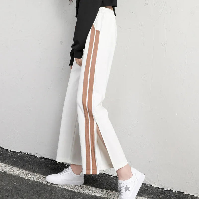 Koisoon Women Fashion Striped Pants Korean Casual Streetwear Loose Ankle Length Pants Summer All Match Female Slits Sweatpants