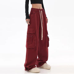 Koisoon Streetwear Vintage Hip Hop Oversize Red Cargo Pants Women Drawstring Elastic Waist Loose Wide Leg Harajuku Casual Trousers