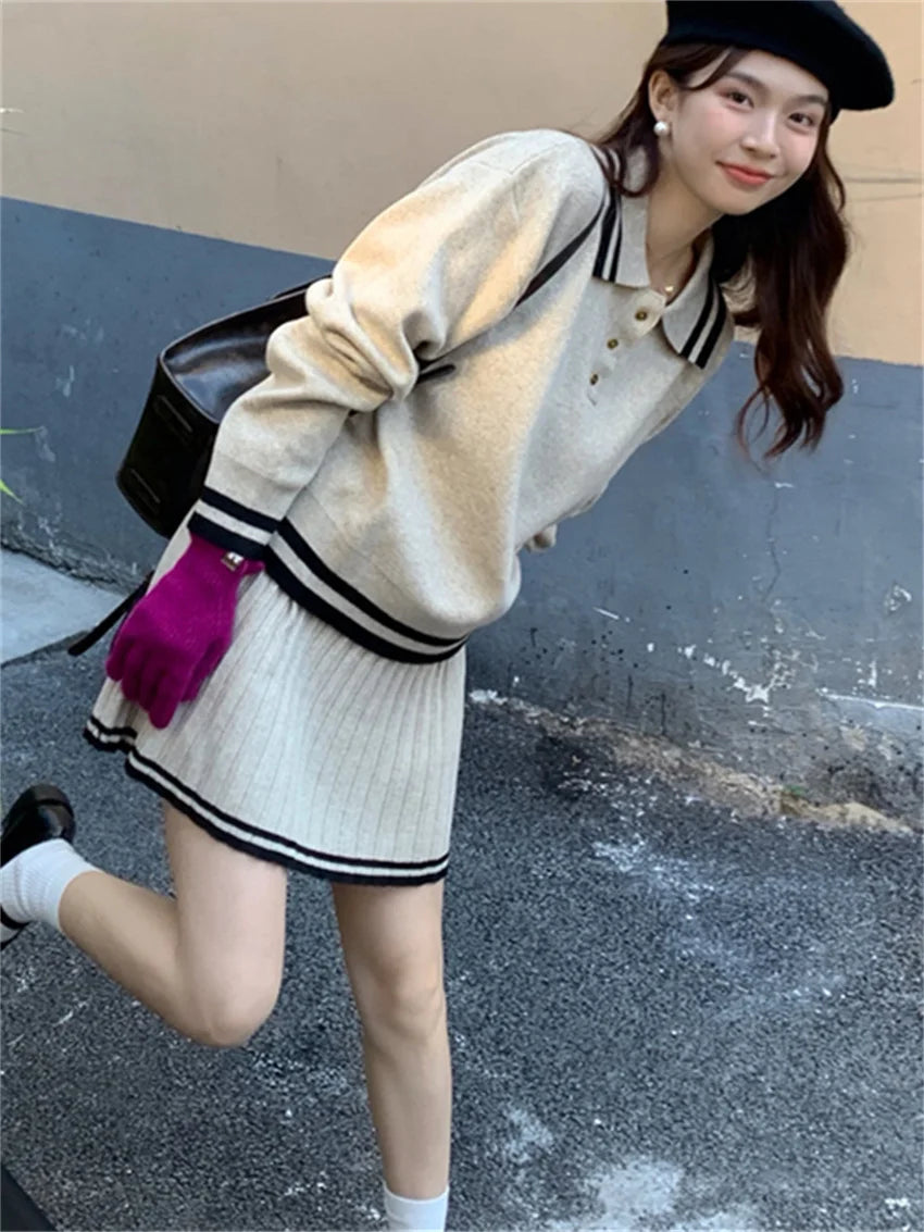 Koisoon Preppy Style Knitwear Casual Sweaters Women OL 2024 Pleated Daily Mini Skirts Office Wear Lady New Spring Suits