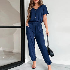 Koisoon New Spring Summer Short Sleeve T-shirt Jumpsuit Women V-neck Button Straight Playsuit Casual Pencil Pants Pocket Romper Overalls