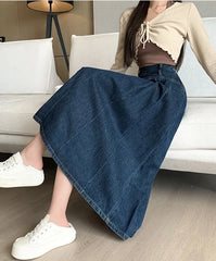 Koisoon Chic Pleated Jeans Skirts 2024 Spring Autumn High Waist Long Washing Ladies Straight Women  Loose Denim Midi Skirts