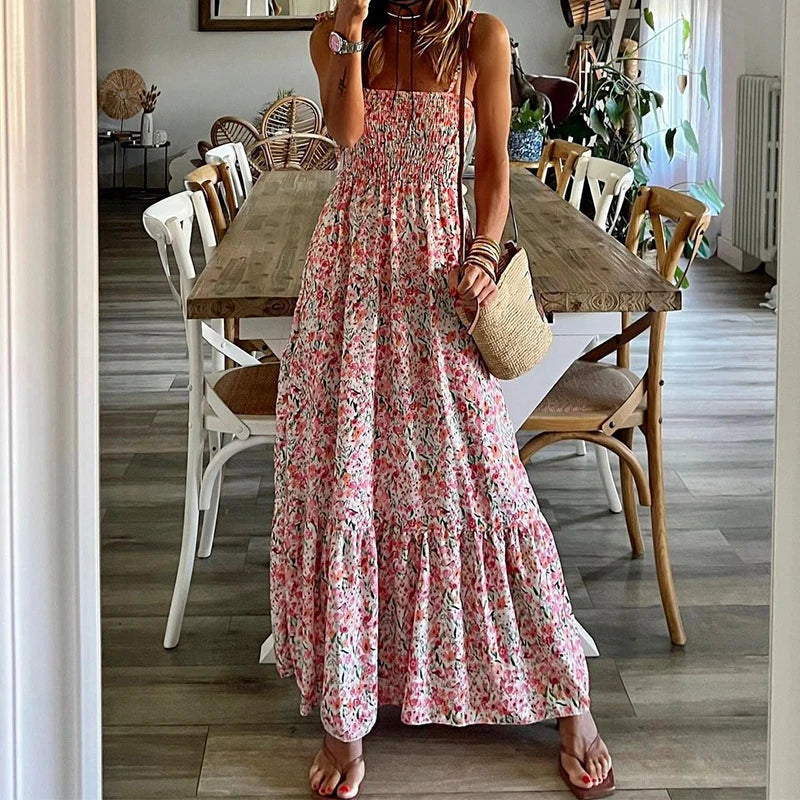 Koisoon Bohemian Floral Print Pleats Women's Dress Sexy Slash Neck Strap Long Dress Fashion Summer Sleeveless High Waist Beach Dresses