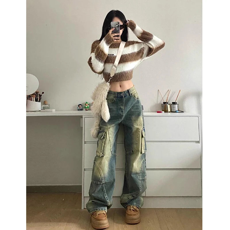 Koisoon American Vintage Women Denim Pants Multi-Pocket Jeans Trouser Baggy Cargo Pants Grunge Cyber Punk 2000s Aesthetic Y2k Streetwear