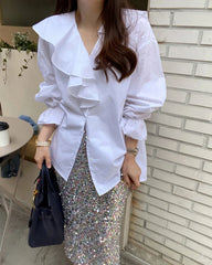 Koisoon Ruffles V-Neck Cotton Shirts Elegant Women Female Lantern Sleeve Tops Blouses Casual OL Shirt Blusas Spring Summer