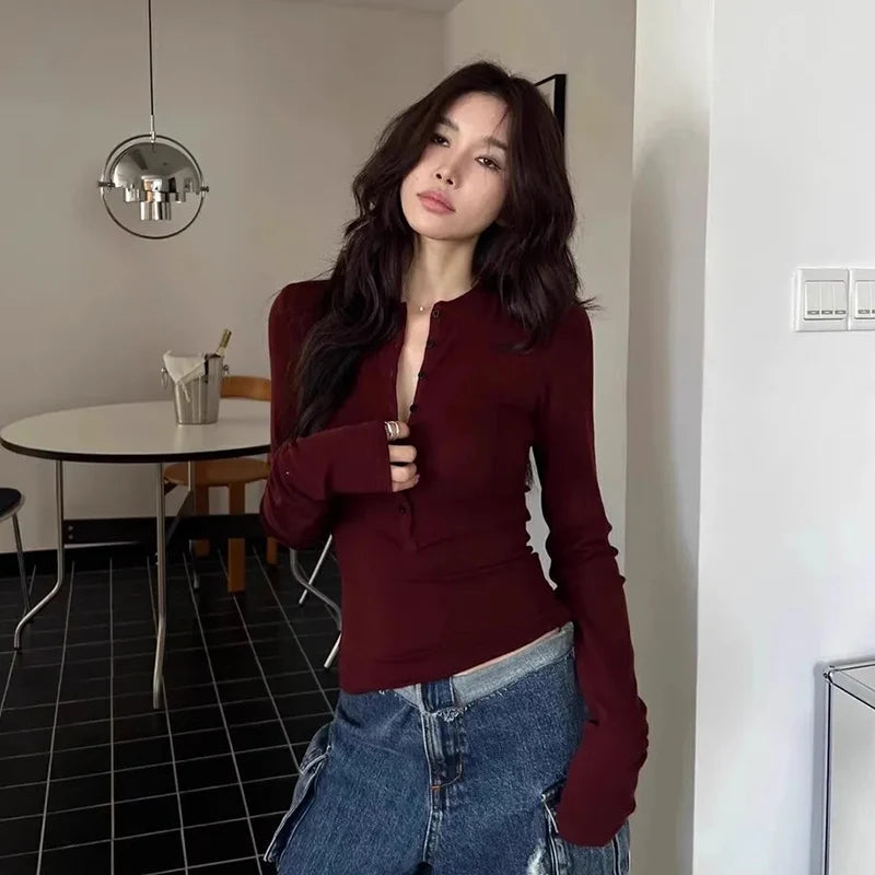 Koisoon Wine Red Button Up Knitted Sweater Women Autumn Winter Long Sleeve Slim Fit Jumper Woman 2024 Streetwear Solid Basic Knitwear