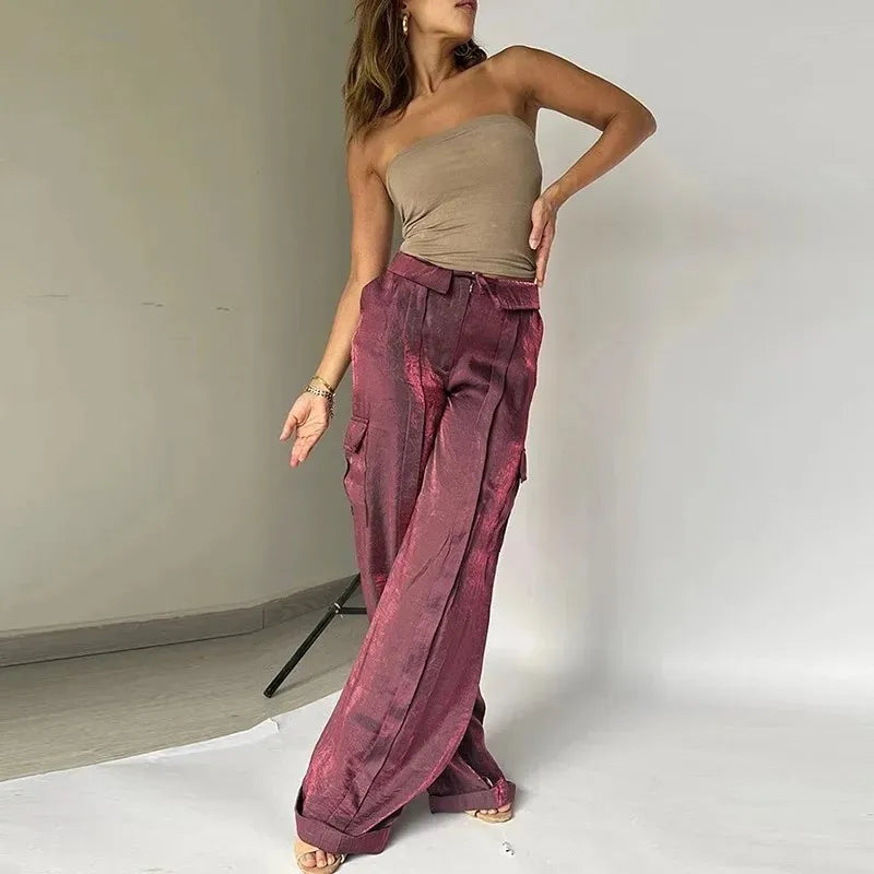 Koisoon Women Fashion Multi Pocket Solid Cargo Pants Spring Autumn Casual Loose Long Trousers 2024 Elegant Glossy Silk Wide Legger Pant