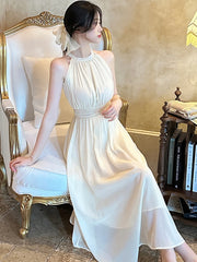 Koisoon 2024 New White Sleeveless Sexy Neck-mounted Long Dress Women Elegant Luxury Dress Gown Summer Korean Bodycon Dance Party Dresses