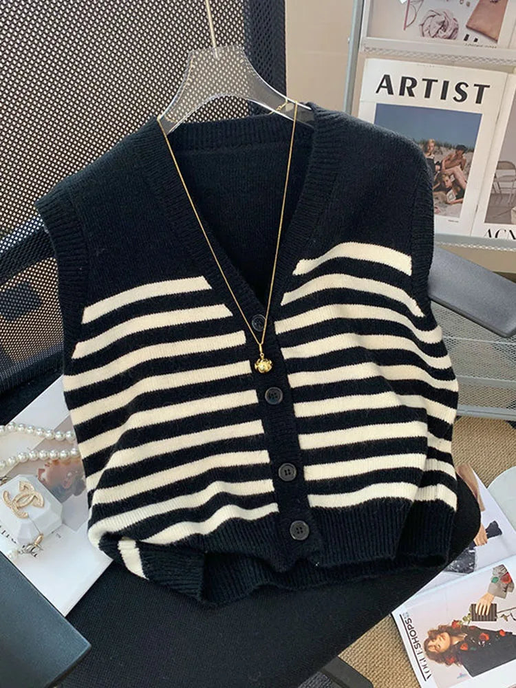 Koisoon Elegant Striped Women Cardigan Sweater Sleeveless Fall Single Breasted Knitted Vest Black Korean Office Ladies Thin Coats