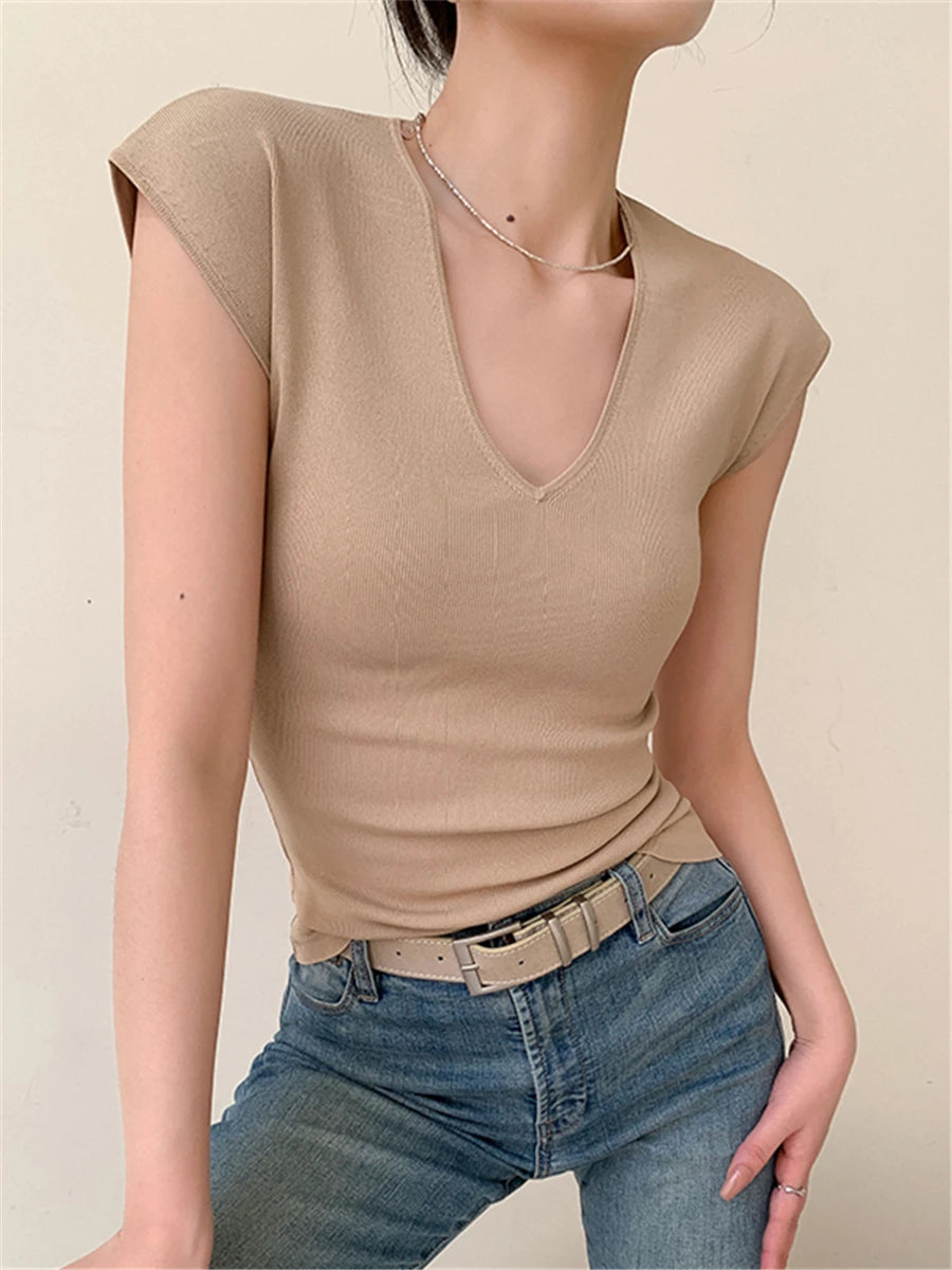 Koisoon Knitted T-shirts Women Summer New Stylish Korean V-neck Short Sleeve Basic Sexy Tops Solid Elegant Fashion Female Slim Tees