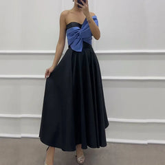 Koisoon Bow Contrasting Color Slim Evening Dress Elegant Off Shoulder Pleated Women Party Dress Fashion Patchwork Strapless Long Dresses