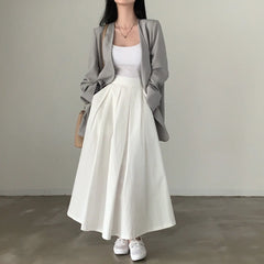 Koisoon Elegant Women White Long Pocket Skirts For Female Casual Loose A-Line High Elastic Waist Midi Skirt 2024 Spring Summer L986