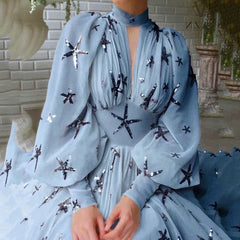 Koisoon Spring Shiny Starfish Print Swing Maxi Dress Women Sexy O-neck Hollow Tunic Party Dress Fall Lantern Sleeve Slit Boho Long Dress