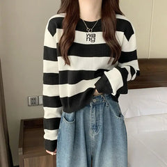 Koisoon Preppy Style Autumn Winter New Sweaters Women's Round Neck Striped Letter Contrast Color Fashion Loose Long Sleeve Knitted Tops