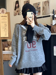 Koisoon Lace Patchwork Sweet Sweaters Women Cute Letter Loose Knitted Pullovers Casual Long Sleeve Lazy Wind Elegant Retro Tops New