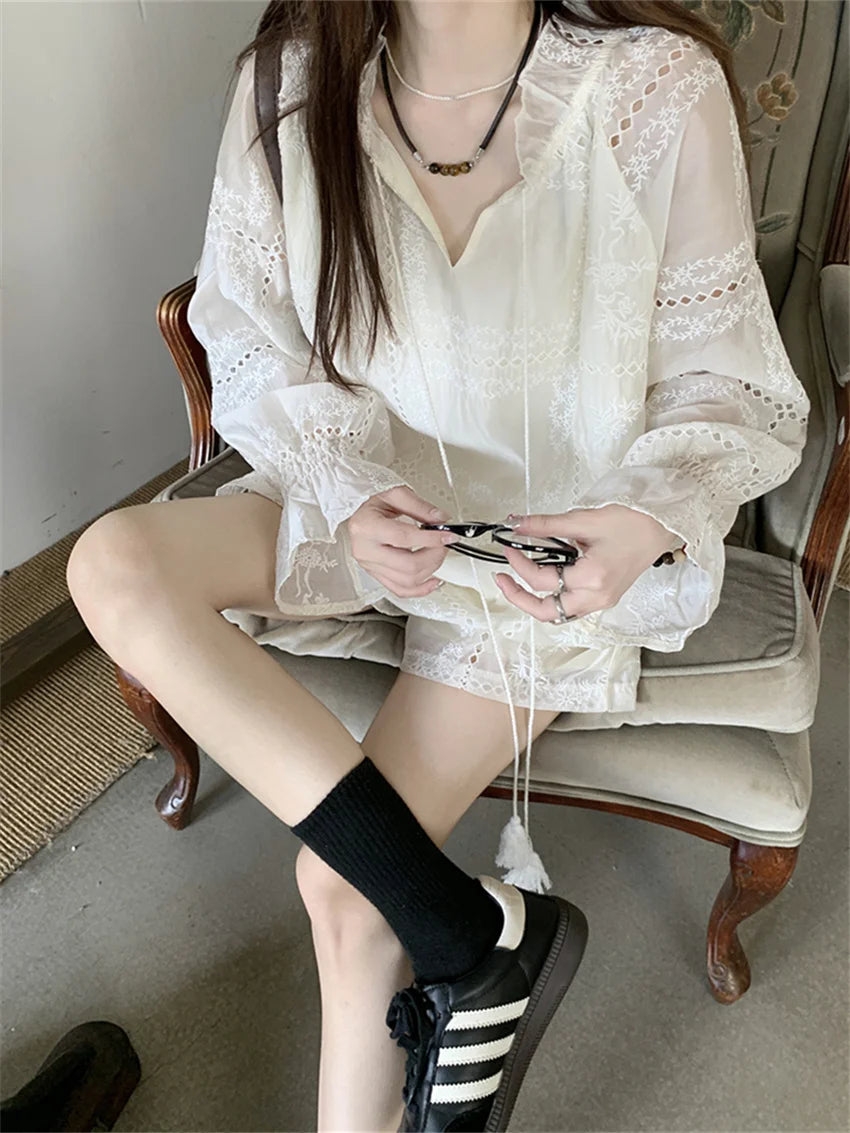 Koisoon White Women Suits Hollow Out Flare Full Sleeve Blouses Summer Office Wear Sweet Casual New OL Wide Leg Loose Shorts