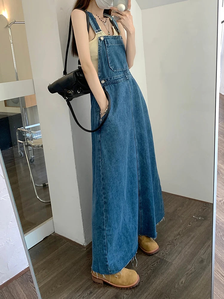 Koisoon Women Loose Ladies Vintage Long Denim Dress Female Tassel Spaghetti Strap Jeans Denim Dresses Female