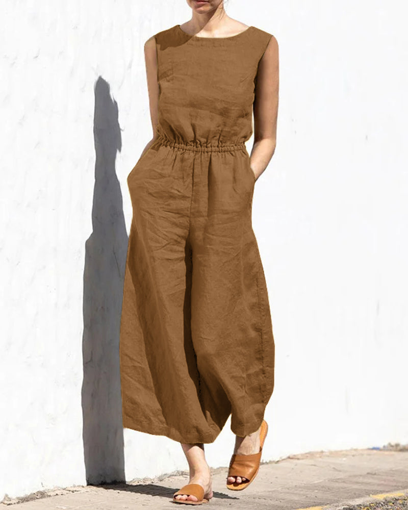 Koisoon Elastic Waist Playsuit Plain Sleeveless Wide Leg Long Jumpsuit