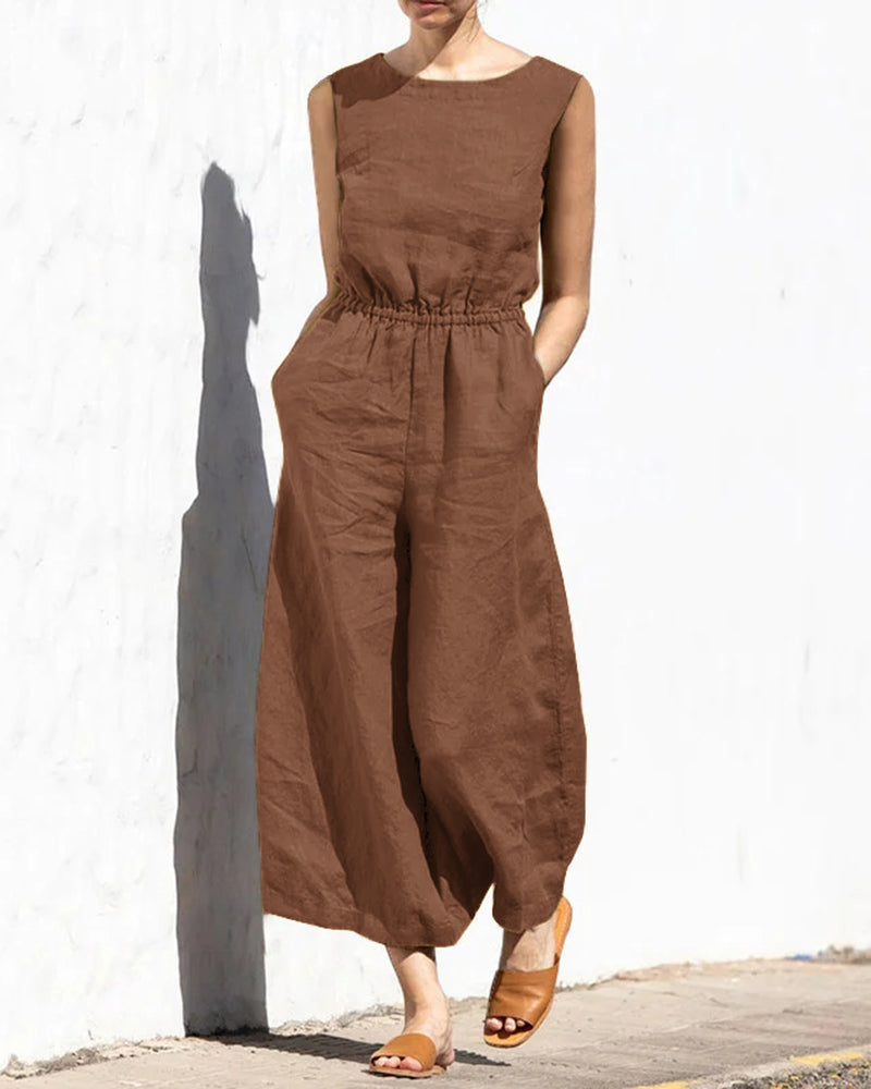 Koisoon Elastic Waist Playsuit Plain Sleeveless Wide Leg Long Jumpsuit