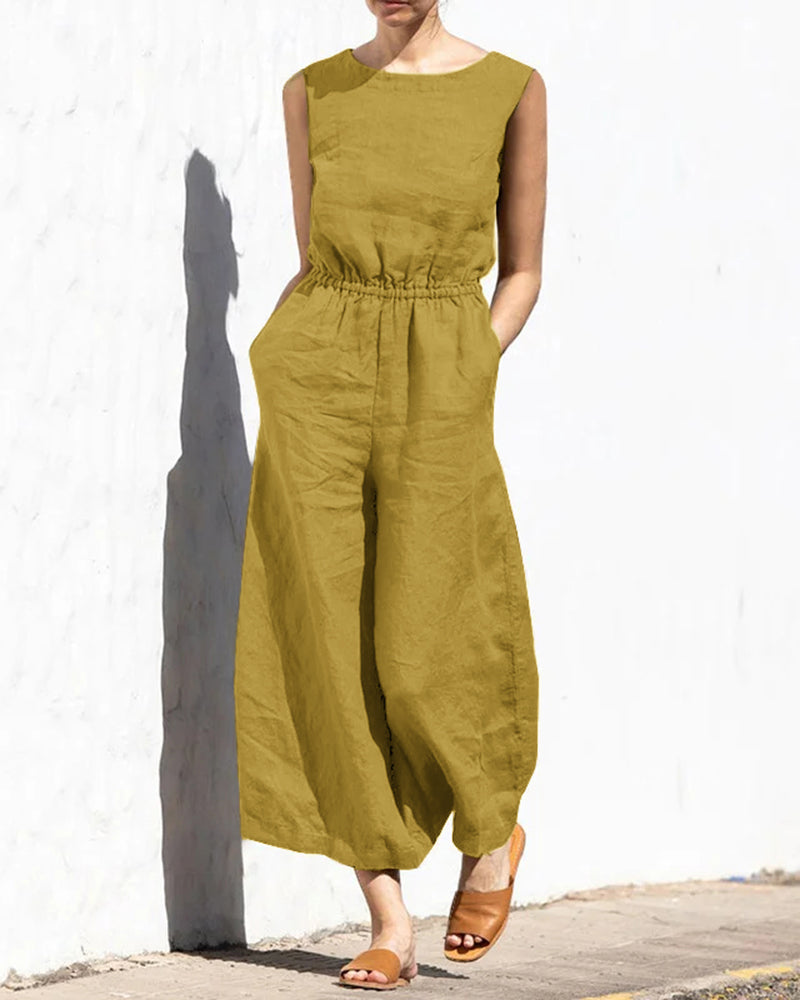 Koisoon Elastic Waist Playsuit Plain Sleeveless Wide Leg Long Jumpsuit