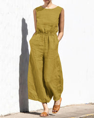 Koisoon Elastic Waist Playsuit Plain Sleeveless Wide Leg Long Jumpsuit