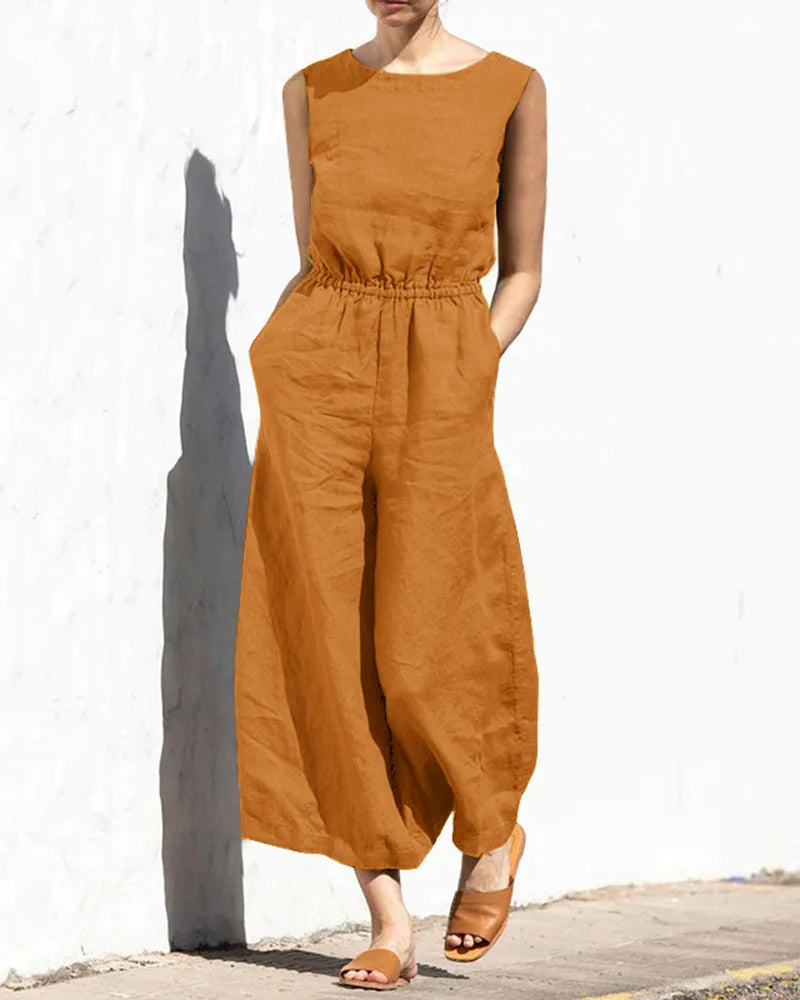 Koisoon Elastic Waist Playsuit Plain Sleeveless Wide Leg Long Jumpsuit