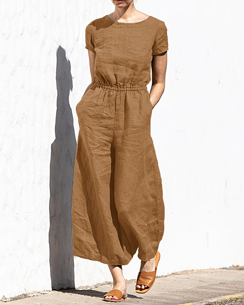 Koisoon Solid Color Short Sleeve Round-neck Cotton Linen Wide Leg Jumpsuit