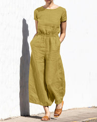 Koisoon Solid Color Short Sleeve Round-neck Cotton Linen Wide Leg Jumpsuit