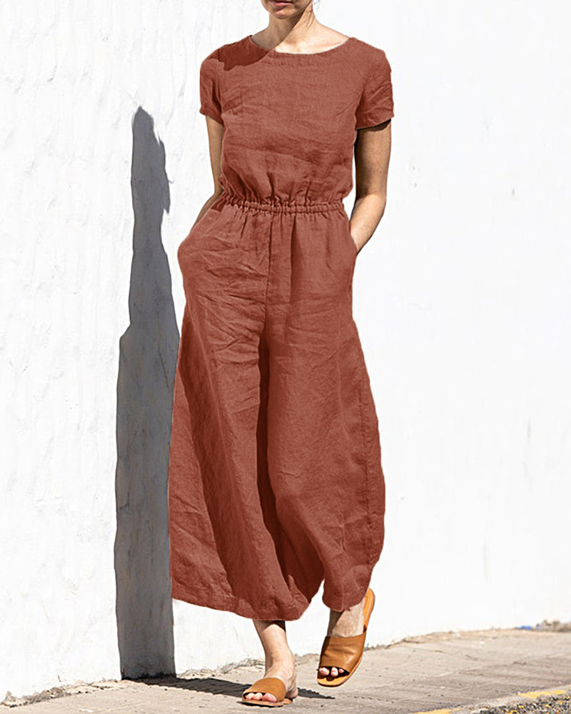 Koisoon Solid Color Short Sleeve Round-neck Cotton Linen Wide Leg Jumpsuit