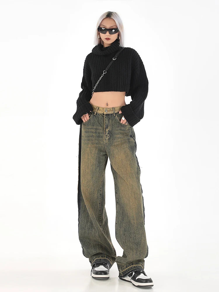 Koisoon High Waisted Jeans for Women Black Y2k Denim Pants Vintage Streetwear Jeans Baggy Fashion Straight Trousers Female