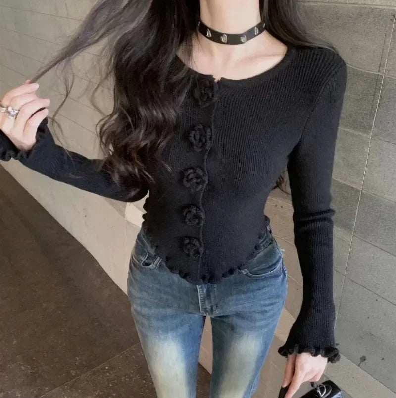 Koisoon Knitted Cardigan Women Vintage Flowers Single Breasted Slim Cropped Sweater Outwear Vintage Elegant Female Tops