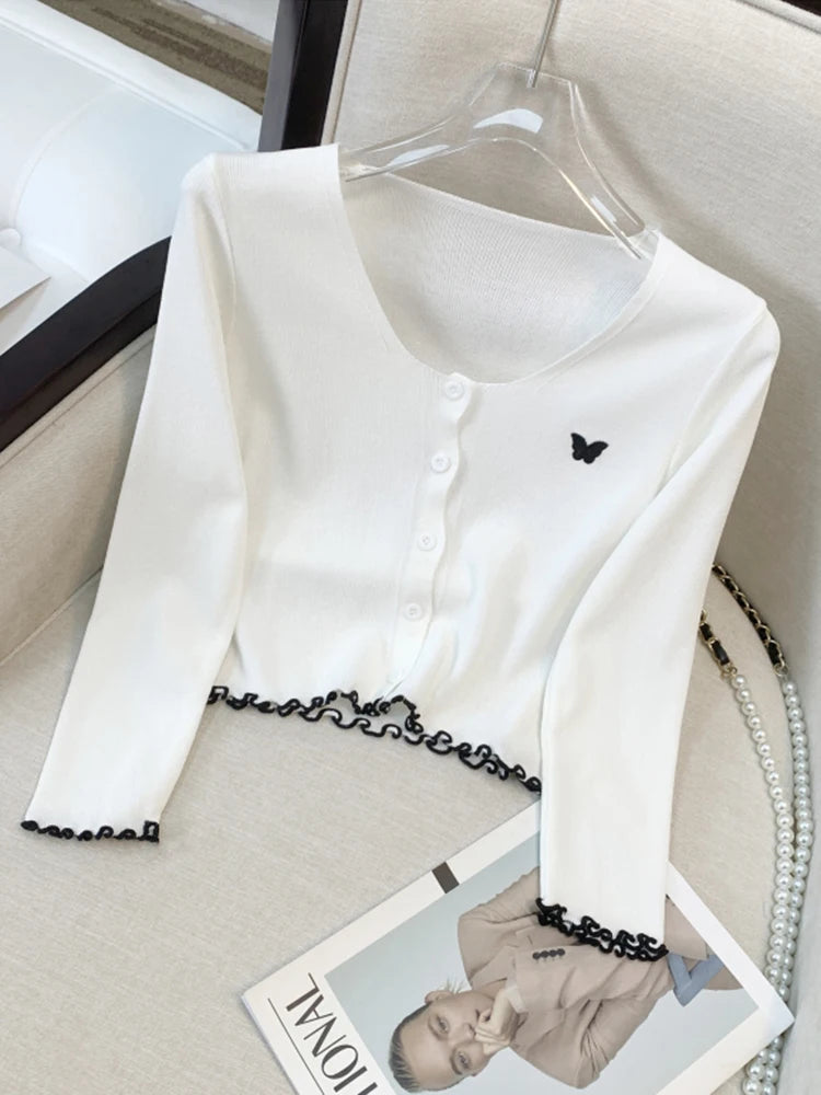 Koisoon Fashion Ruffles Women Cardigan Sweater Soft Butterfly Embroidery Casual O Neck Long Sleeve Button Up White Thin Crop Tops