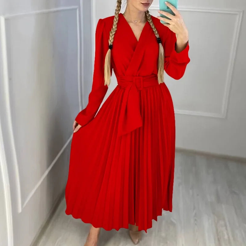 Koisoon Sweet Lady Lace-up Belted Spliced Pleated Dress Spring V-neck Solid Swing Boho Long Dress Autumn Long Sleeve Women Party Dresses