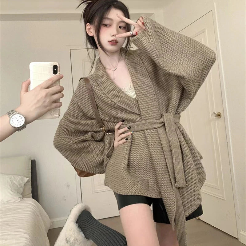 Koisoon Women Cardigan Sweater Autumn Korean Fashion Bandage Loose Knitted Coats Casual Female All Match Long Sleeve Jacket New